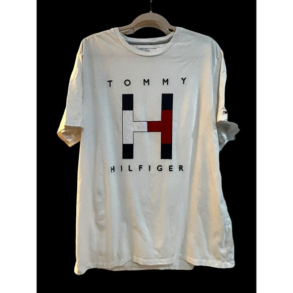 EUC Tommy Hilfiger Size XL White Tee Shirt Block Logo Men’s Short Sleeve Big H - Picture 1 of 8